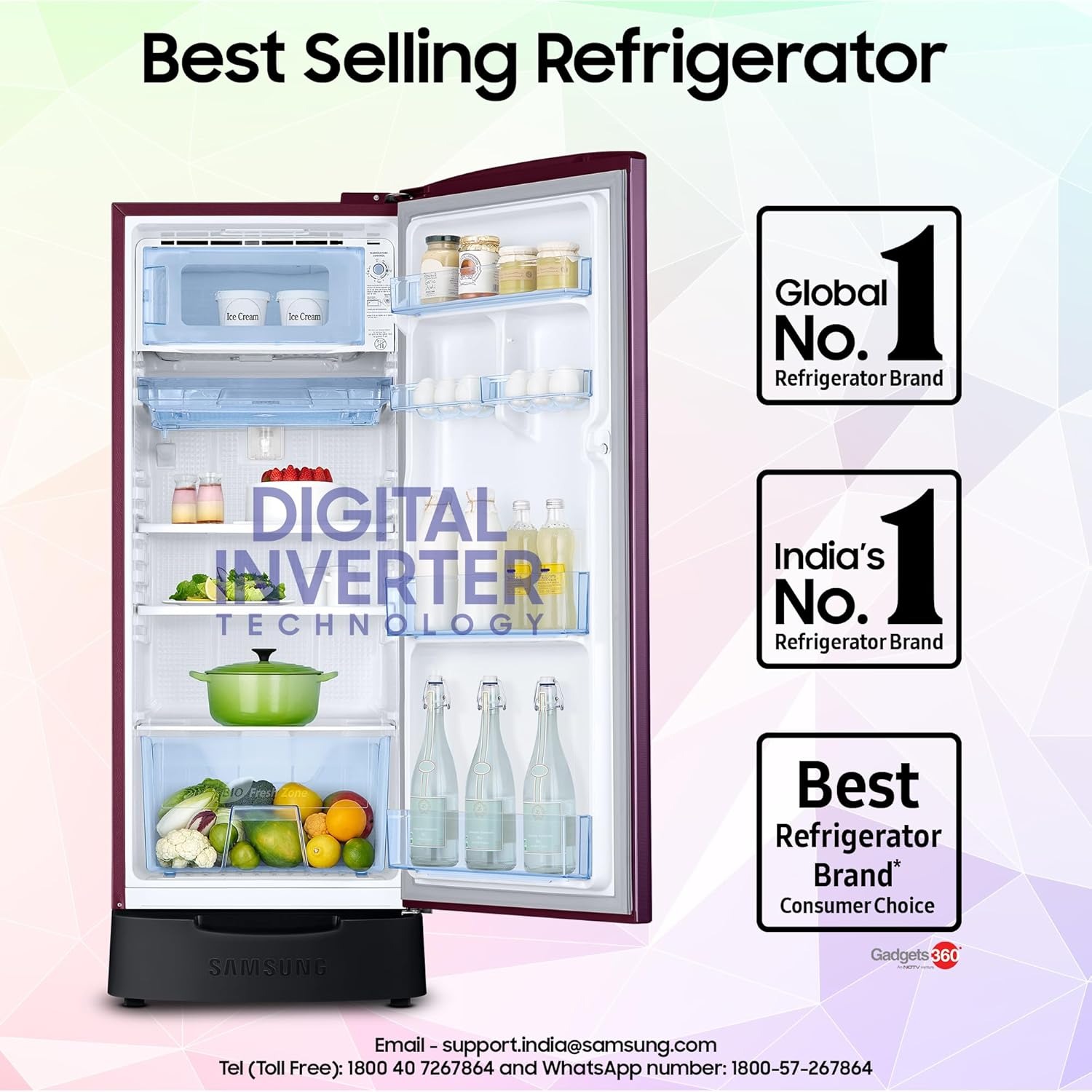 Samsung 183 L, 4 Star, Digital Inverter, Direct-Cool Single Door Refrigerator (RR20C1824CR/HL, Red, Camellia Purple, Base Stand Drawer) - Image 6